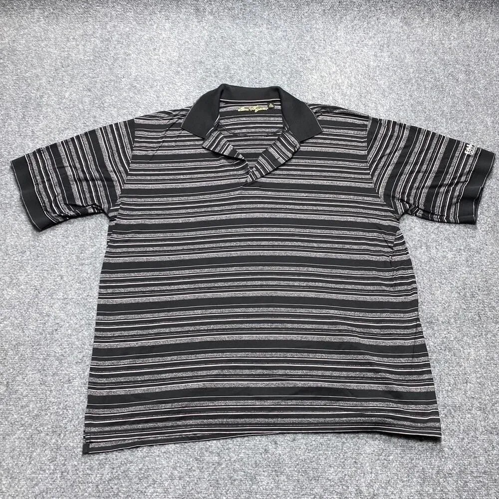 Ben Hogan Shirt Mens XL Black Striped Palms Golf Club Logo Polo Short Sleeve